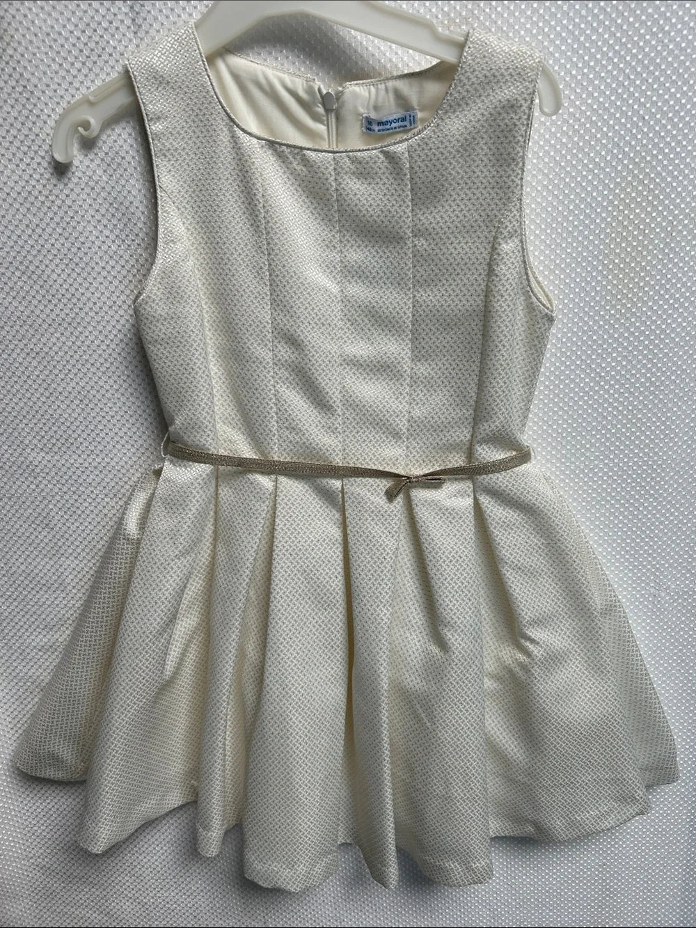 Mayoral Chic Ivory Fit-and-Flare Dress with Gold Trim. Size 10. NWT.